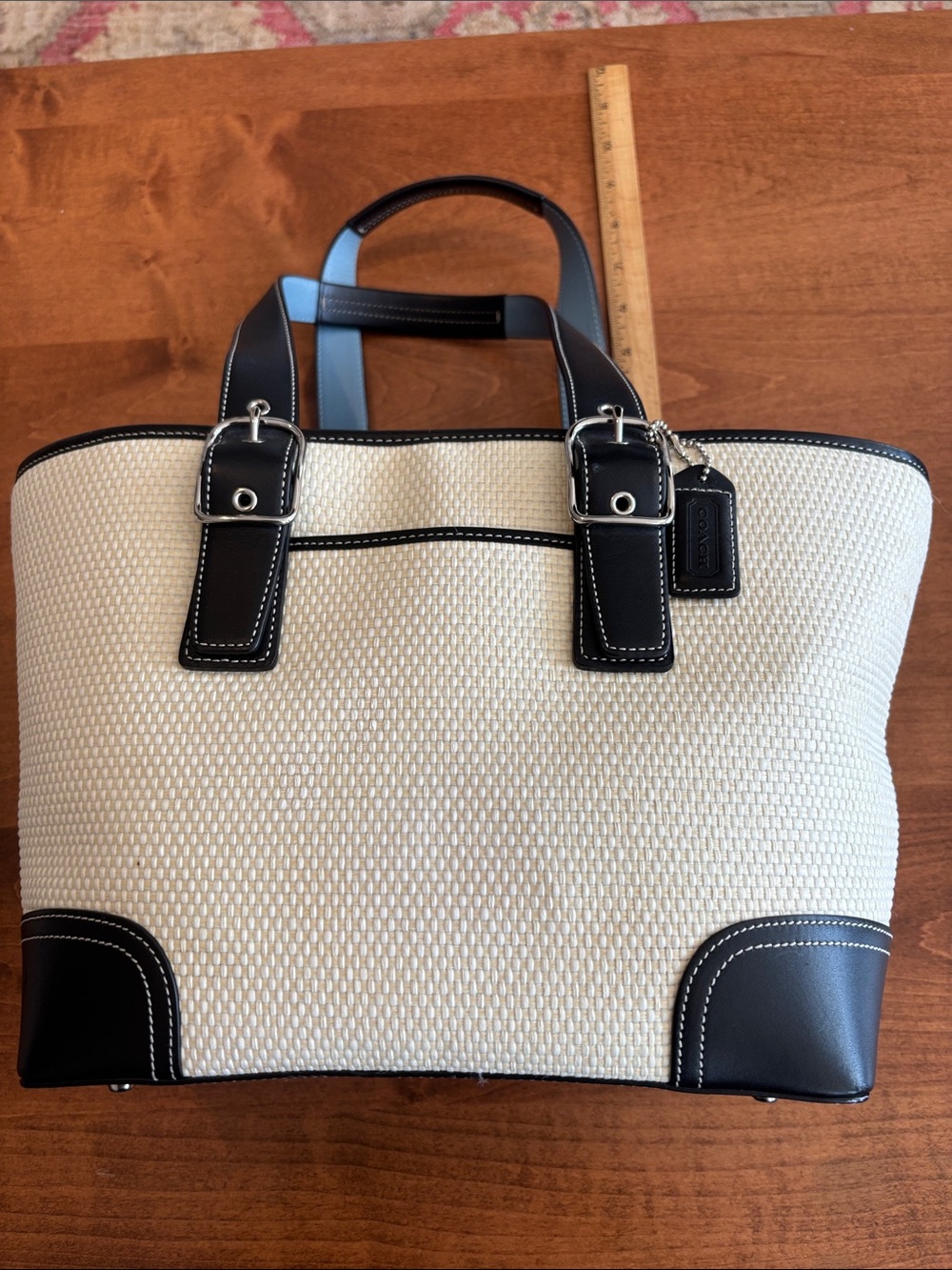 Coach Cream Woven Tote with Black Leather Trim